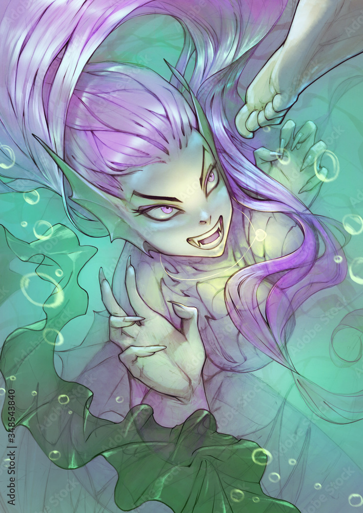 Fantasy cartoon illustration of a cute and spooky vampire mermaid going to catch someone by the foot