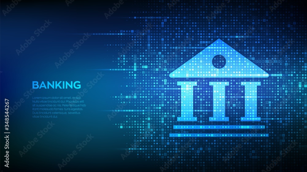Banking service background. Bank building icon made with currency symbols. Dollar, euro, yen and pound icons. Background with currency signs. Bank financing, money exchange. Vector illustration. Banking service background. Bank building icon made with currency symbols. Dollar, euro, yen and pound icons. Background with currency signs. Bank financing, money exchange. Vector illustration.