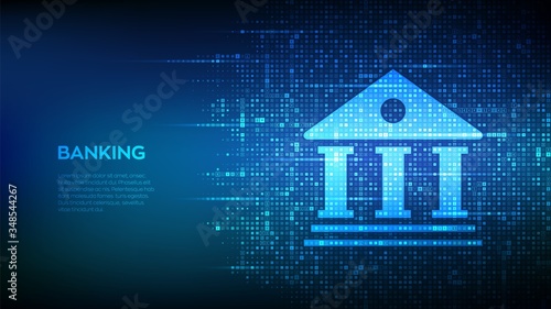 Banking service background. Bank building icon made with currency symbols. Dollar, euro, yen and pound icons. Background with currency signs. Bank financing, money exchange. Vector illustration.