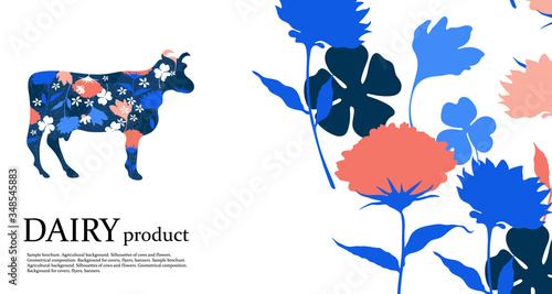 Horizontal agricultural background. Silhouettes of cow and flowers.