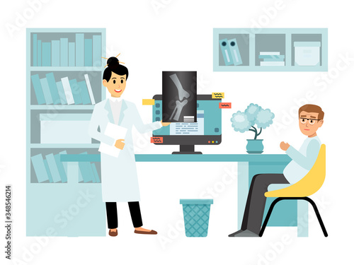 Concept x-ray female doctor character medical examination room, person receives physician consultation isolated on white, flat vector illustration. Woman therapist hold xray leg image.