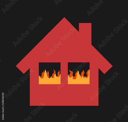 House on Fire - building is burning- orange and yellow flames in the window. Catastrophe and disaster. Vector illustration.