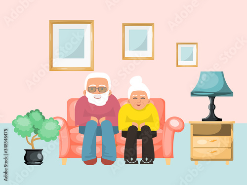 Old couple lovely male female sitting sofa, ages family evening concept relax flat vector illustration. Design cozy room, soft couch bedside table and potted plant. Man woman character take rest.