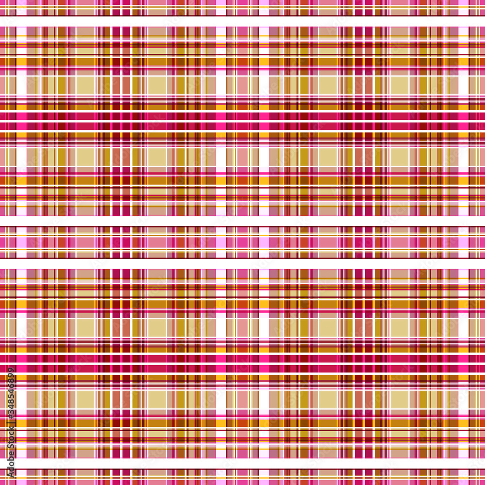 Seamless pattern of yellow-brown, purplish-red, pink cells alternating with white and ocher stripes. Great for decorating fabrics, textiles, gift wrapping design, any printed materials and advertising
