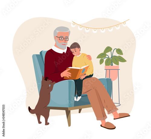 Cute smiling grandpa holding his grandson and reading book with fairy tales or watching family photo album. Grandfather day, grandparent, childhood, friendship concept. Flat vector illustration