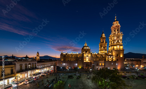 Sunset view of Morelia Cathedral, Michoacan, Mexico.