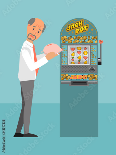 Character male lose all money gambling game, man lost cash slot machine flat vector illustration. Person break piggy bank, gambling addiction unfortunate guy looking finance recoup.