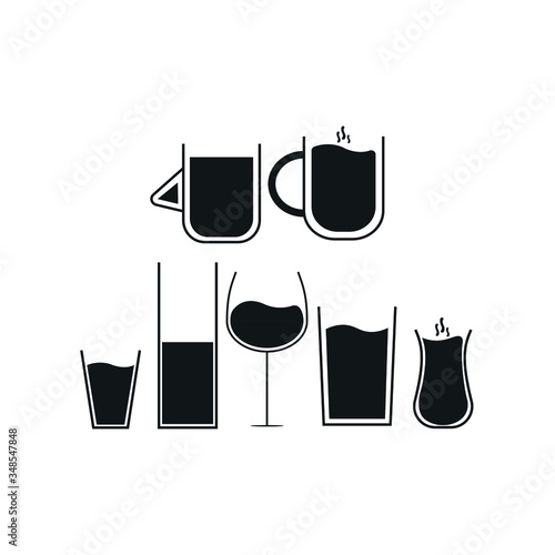 set of different cups and liquid icons. black theme. water, raki glass, wine glass, tea cup, coffee. flat design icon set