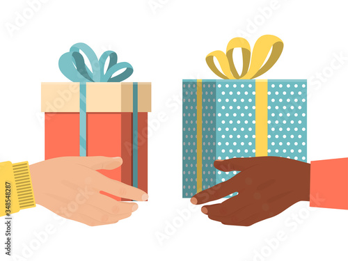 Different male hand hold present box gift, christmas souvenir isolated on white, flat vector illustration. International grant exchange concept xmas holiday, man arm give new year carton