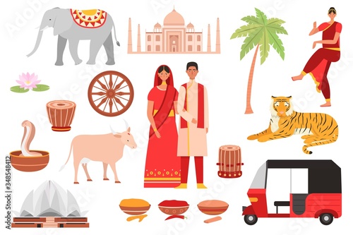 India, indian culture symbols, travel set with buddhism, tourist objects and country food, architecture and people isolated set of vector illustrations. Elephant, indian spices, clothing and animals.