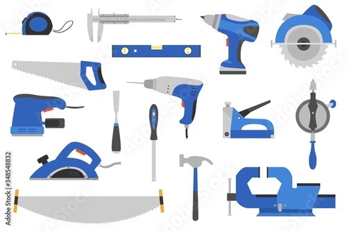 Set of joiner, repair and construction tools for repairment, carpenter isolated vector illustration, woodworking and carpentry. Saw, screwdriver, pliers icons, drill and joinery instruments.