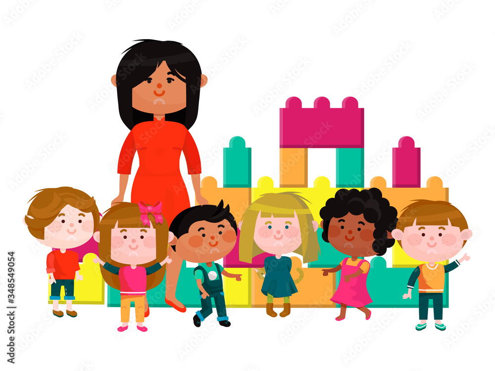International kindergarten, interethnic character male female kid cheerfully playtime isolated on white, flat vector illustraion. Preschool employee woman watching children, playground place.