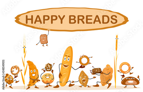 Cute background with bread characters. Wheat, rye and whole grain bread. Funny pretzel and bagel, ciabatta and muffin, croissant and French baguette, long loaf and toasts