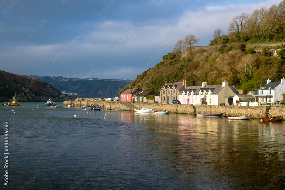 The lower town of Fishguard with houses at the seaside, Wales