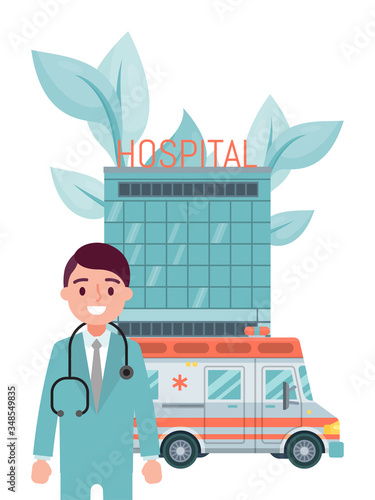 Male character professional doctor stay hospital building, ambulance vehicle isolated on white, flat vector illustration.Transport for transporting patients, concept therapeutic poster.