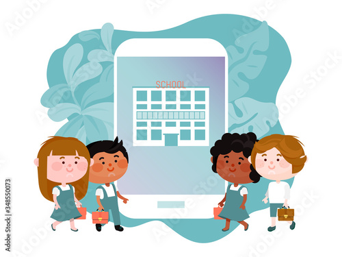 Online mobile school formation, male female young children different nation study internet educational institution isolated on white, flat vector illustration. Concept mobile phone gadget.