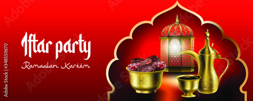Blessed Ramadan Iftar party vector illustration with traditional arabic dallah coffee pot, dried dates, burned oriental lantern, cup of bitter coffee Khaleeji

