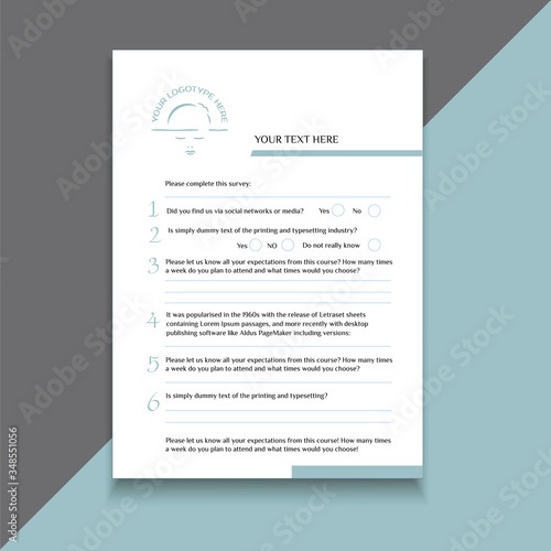 Modern Vector Template for Business Questionnaire, Survey, Report, Feedback, Interview or Flyer Design with premade logo. 
