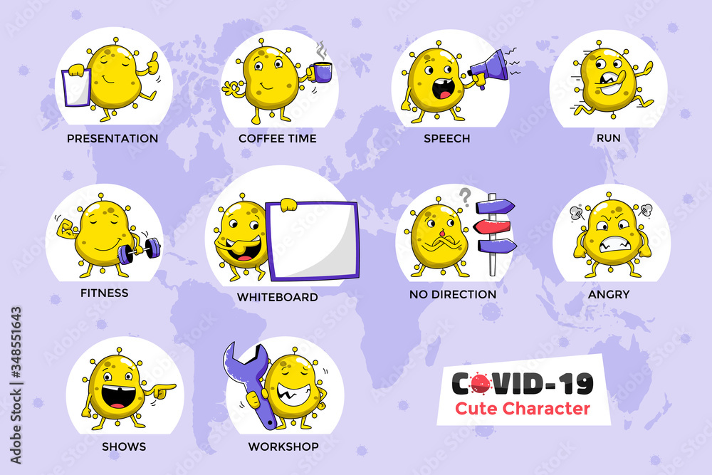 Yellow Covid-19 Coronavirus in actions. Presentation, coffe time, fitness, workshop and more pose