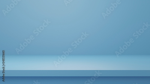 Empty studio product display blue . background & copy space. perspective studio photography stand.banner mock up space for showcase product.empty countertop backdrop business presentation, 3d render