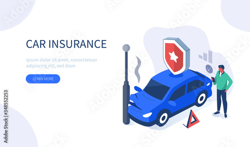 Man Character Standing near Damaged Auto and Calling to Car Insurance Service. Car Accident on the Road. Auto Collision Scene. Broken Vehicle Flat Isometric Vector Illustration.