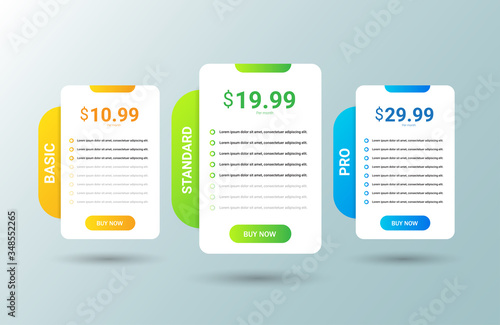 Modern pricing table, plan template . Price list collection for applications or websites. vector illustration.