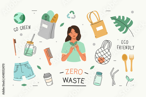 Zero Waste Lifestyle Icons. Eco Friendly, No Plastic, Reusable and Recycle items. Glass Jars and Bottles, Eco Bag, Wooden Brush, Second Hand Clothes. Go Green. Flat Line Cartoon Vector Illustration.