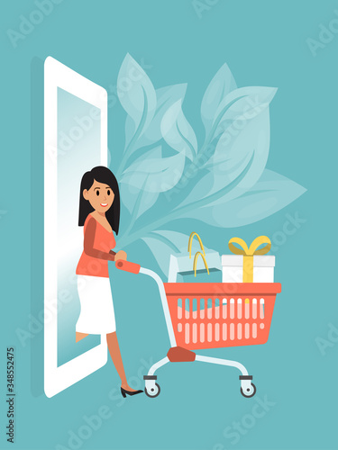 Online order clothes, buy wear box mobile phone and smartphone flat vector illustration. Character brunette female hold supermarket cart, internet shopping buy dress shoe ladies accessory.