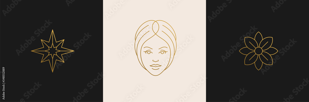 Vector line feminine decoration design elements set - flower and female gesture hands illustrations minimal linear style Vector line feminine decoration design elements set - flower and female gesture hands illustrations minimal linear style