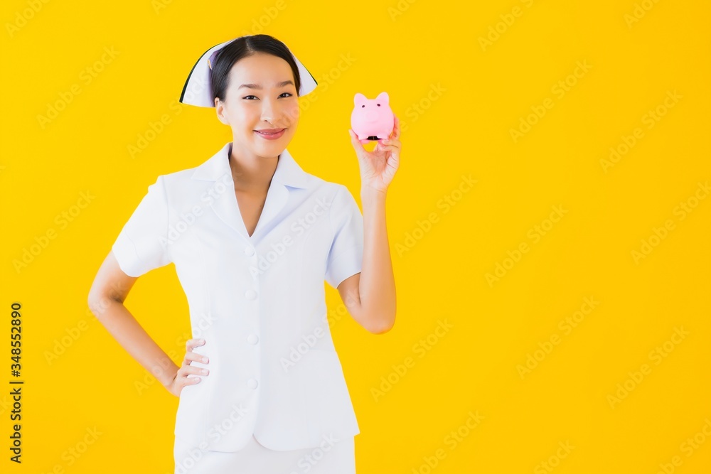 Portrait beautiful young asian woman thai nurse with a lot of cash and money Portrait beautiful young asian woman thai nurse with a lot of cash and money