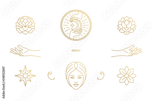 Vector line feminine decoration design elements set - female face and gesture hands illustrations minimal linear style