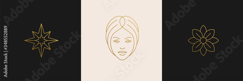Vector line feminine decoration design elements set - flower and female gesture hands illustrations minimal linear style