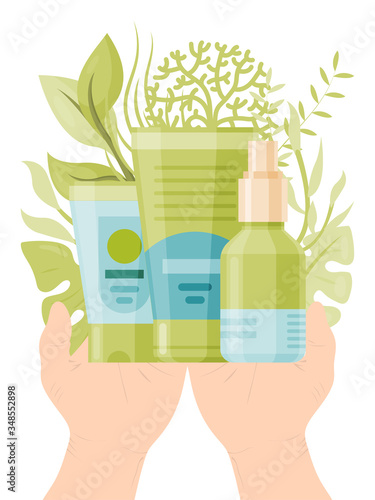 Person hand hold eco friendly organic cosmetic isolated on white, flat vector illustration. Health care cream structure, body skin maintenance. Medication facial hydration softening leather.