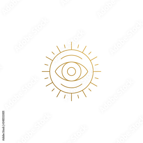 Vector emblem of sun with eye hand drawn with thin lines