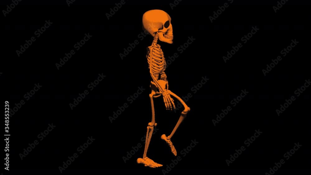 Seamless funny animation of a walking skeleton in halftone photocopy printed style isolated with alpha channel.Halloween zine culture video loop with a trendy cool psychedelic look. Seamless funny animation of a walking skeleton in halftone photocopy printed style isolated with alpha channel.Halloween zine culture video loop with a trendy cool psychedelic look.