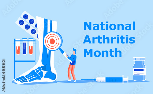 National arthritis month is celebrated in May in USA. Blue ribbon sign. Rheumatism, osteoarthritis problems. Healthcare flat concept vector on the blue background for banner