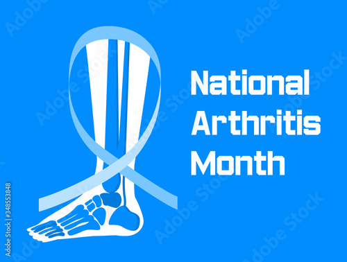 National arthritis month is celebrated in May in USA. Blue ribbon sign. Rheumatism, osteoarthritis problems. Healthcare flat concept vector on the blue background for banner