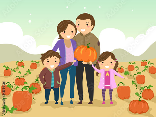 Stickman Family Pumpkin Picking Illustration