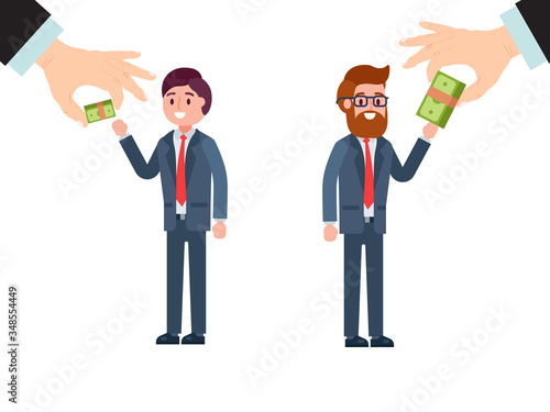 Boss hand give difference salary male character get different money isolated on white, flat vector illustration. Senior and junior business employee, various cash working conditions.