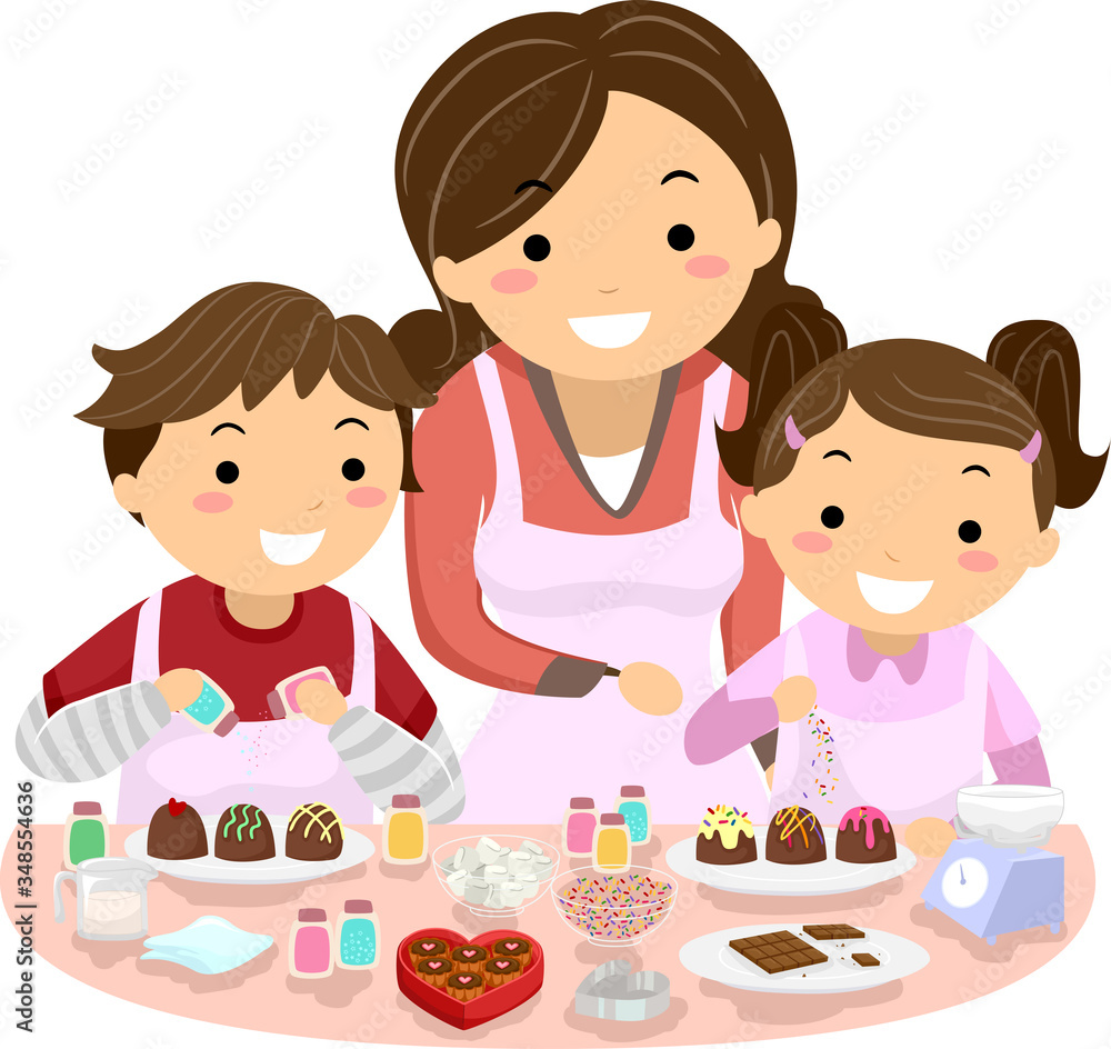 Stickman Kids Mom Decorate Chocolates Illustration Stickman Kids Mom Decorate Chocolates Illustration
