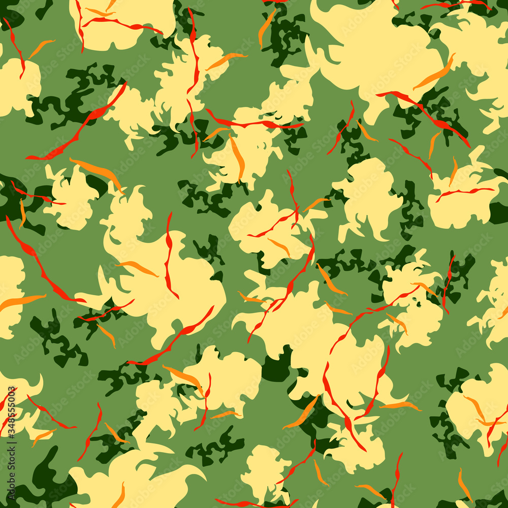 Field camouflage of various shades of green, yellow, red and orange colors Field camouflage of various shades of green, yellow, red and orange colors
