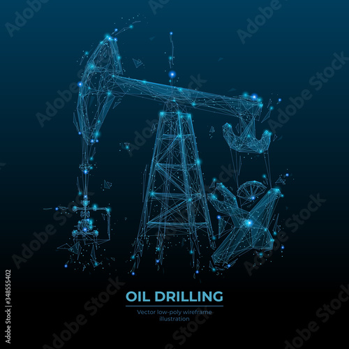 Oil pump jack in dark blue background. Finance, economy, business or petroleum fuel industry concept. Abstract polygonal wireframe with lines and dots. Oil industry equipment