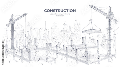 Construction site with building equipment isolated in white background. 3d working tower cranes in the city. Abstract polygonal concept of construction. Vector sketch illustration. 