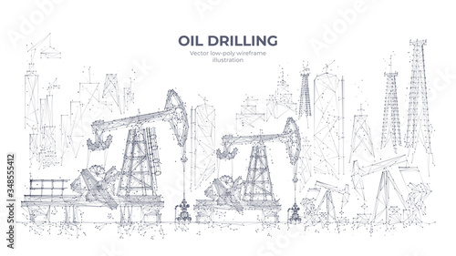 Natural resources mining equipment isolated in white background. Abstract polygonal panorama. 3d oil drilling rigs and pumpjacks. Vector sketch drawing. Oil industry concept