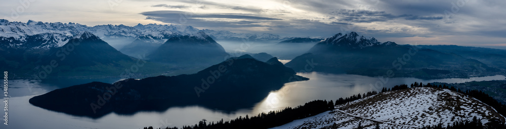 sunset view from rigi into lake lucerne