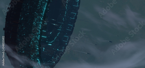 Fototapeta Naklejka Na Ścianę i Meble -  3D illustration of giant space station hovering in the sky over a large city - digital fantasy 3d art