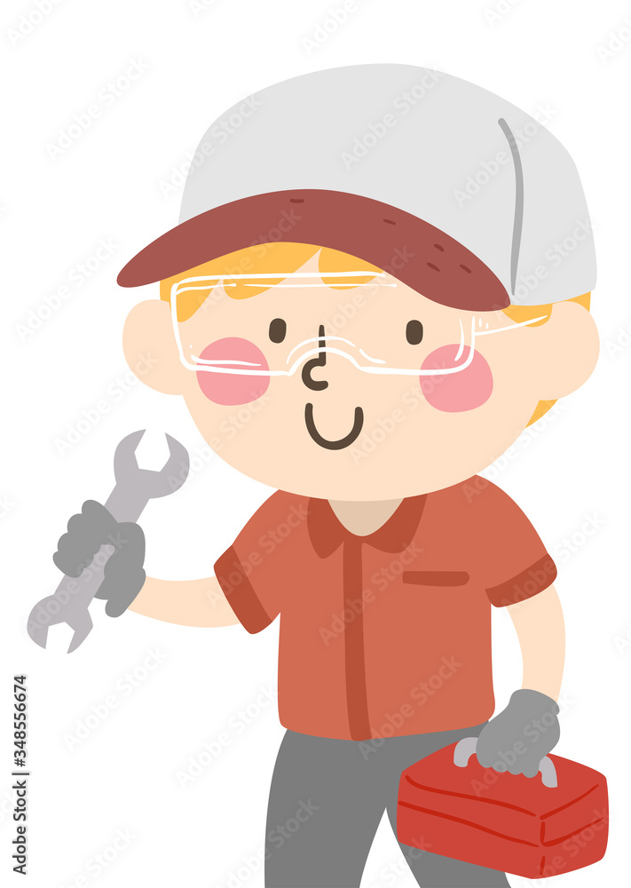Kid Boy Mechanic Wrench Toolbox Play Illustration Kid Boy Mechanic Wrench Toolbox Play Illustration
