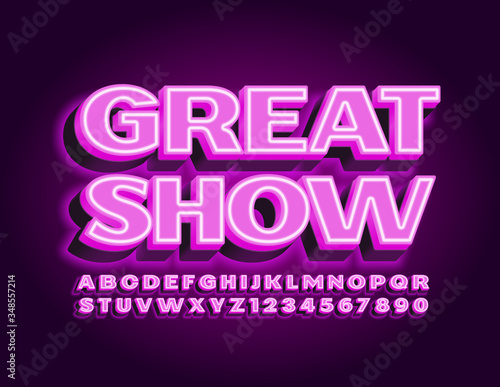 Vector bright glowing poster Great Show. Violet Neon Font. Electric Alphabet Letters and Numbers