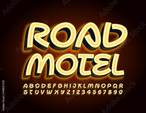 Vector electric logo Road Motel. Yellow Neon Font. Glow Alphabet Letters and Numbers