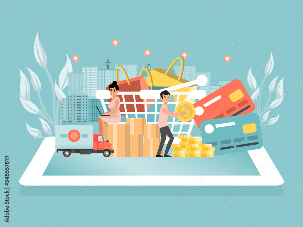 Online shopping store tiny character hold gold coin cash, lorry delivery goods concept flat vector illustration. Digital device tablet stand city background, technological express supply post mail.